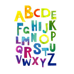Alphabet for kids poster. Color paper lettering. Collage of colored paper. Letters on a white background.