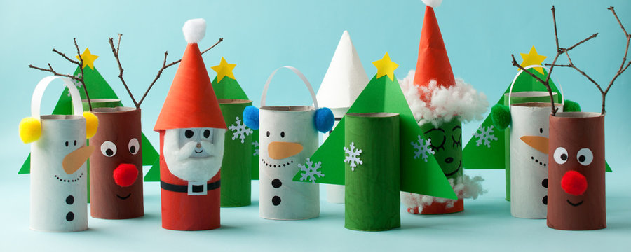 Santa Claus, Grinch, Snowman From Toilet Tube Roll For Winter Holiday Decor. A Terrible Craft. School And Kindergarten. Handcraft Creative Idea For Christmas New Year, Banner