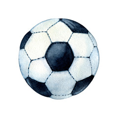 Soccer ball Isolated on a white background. Hand drawn watercolor illustration for the design of a sports banner, background, printed matter for championships, olympiads, competitions.