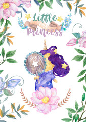 Cute invitations for baby shower with cute unicorn, It's a girl cards, can be used as template for girl's birthday party design, illustration. Watercolor cute clip art with floral, branch