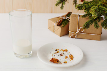 Empty glass of milk and crumb biscuits and a gift under the Christmas tree. The concept of the arrival of Santa Claus.