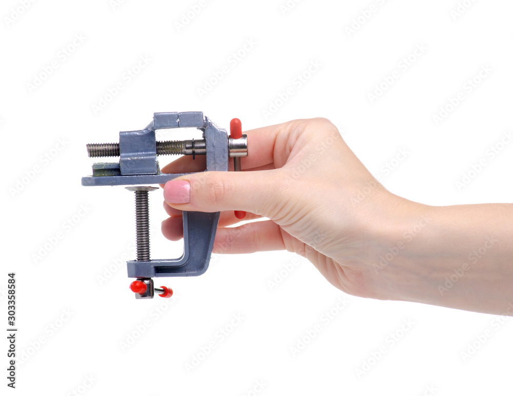 Poster Mini vise technology in hand on white background isolation