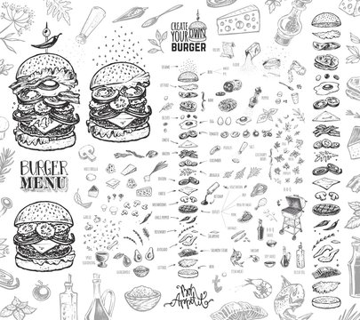 Burger menu. Vintage template with hand drawn sketches of hamburger and its ingredients. Engraving style vector icons - bun, cutlet, cucumbers, tomatoes and cheese.
