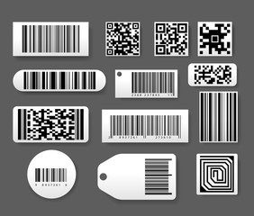 Barcode labels big set with 3d realistic style. Sticker, digital bar label and retail pricing bars, qr code on isolated background