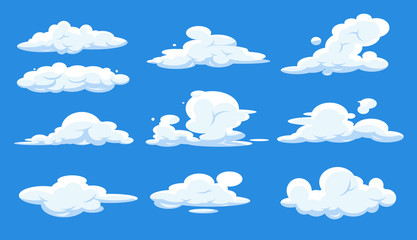 Cartoon clouds set isolated on blue sky. Cloudscape in blue sky, white cloud.