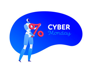 Vector flat cyber monday horizontal banner template. Cyborg holding discount sign and text on fluid blue background. Sale shopping concept. Design element for poster, web, card, backdrop.