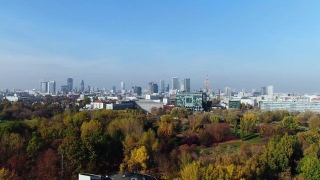 Aerial arriving in Warsaw/Warszawa Poland, the center of east Europe stock exchange, vivid, beautiful natural park and busy downtown