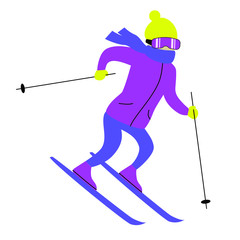 A skier skiing with ski poles in a colorful tracksuit with a hat and scarf and glasses. Winter sports and outdoor activities. Stock vector illustration isolated on white background.