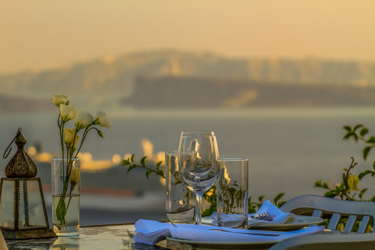 Dinner table in the Santorini Greece august 2013