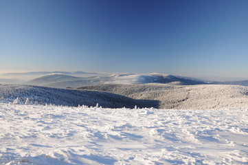 Winter trail in Jeseniky mountains in zhe Czechia during nice winter day with clear sky. Wiew of Praded hill with communication tower. Skiers and trees covered in snow. Eastern Sudetes, Praded hill 