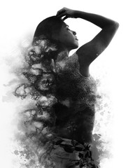 Paintography. Double exposure. Photography of an attractive model combined with hand drawn ink and...