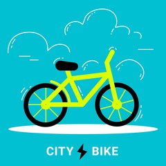 Vector illustration of city bicycle with high frame on green bac