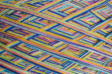 background of multicolored ball of wool in rainbow colors