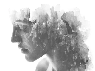 Foto op Plexiglas Vrouwen Paintografie. Dubbele blootstelling. Close-up van een aantrekkelijk model gecombineerd met handgetekende inkt en aquarel met overlappende penseelstreektextuur, zwart-wit