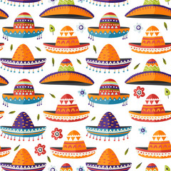 Sombrero hat Mexican vector background. Cartoon flat seamless pattern. Cinco de mayo fiesta symbol.