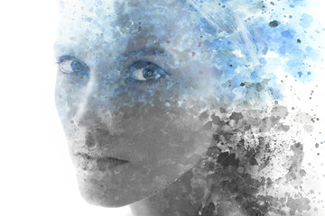 Paintography. Double exposure. Close up of an attractive model combined with hand drawn black ink...