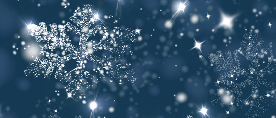 Christmas blue background with snowflakes and bokeh. Beautiful template for design. Panoramic background.