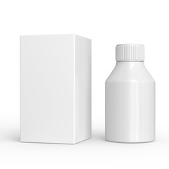 white plastic bottle and package isolated. pharmacy or cosmetic mockup. pills box