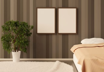 A template of two empty frames in the bedroom. Mock up with empty posters. 3D rendering. 3D illustration.