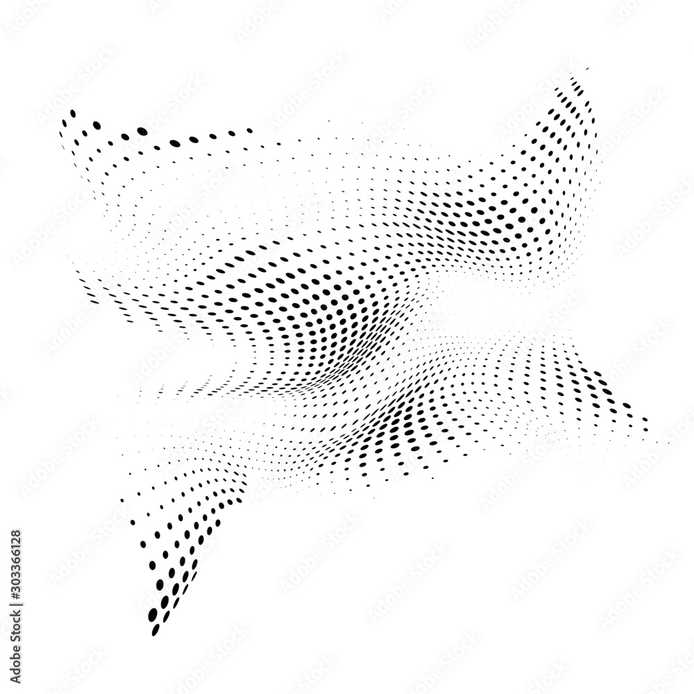 Poster abstract halftone background with dynamic waves. warp dots surface. twisted line and particles. vect