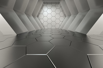 Hexagonal tunnel space with hexagon cubes, 3d rendering.