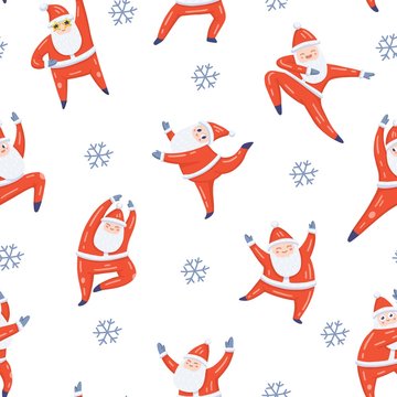 Seamless vector pattern with dancing Santa Claus in red costume and snowflakes. Cute handdrawn flat style. Christmas concept for card, wrapping paper,  banner, poster, flyer, web and any design.