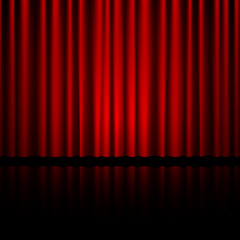 Closed red theater curtain with reflection in bottom. Background for banner or poster. Vector illustration