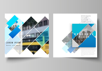 The minimal vector illustration layout of two square format covers design templates for brochure, flyer, magazine. Abstract geometric pattern creative modern blue background with rectangles.