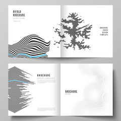 The vector illustration layout of two covers templates for square design bifold brochure, magazine, flyer, booklet. Abstract big data visualization concept backgrounds with lines and cubes.