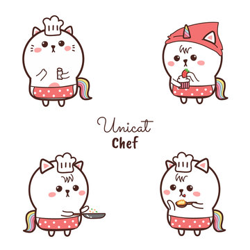 cute cat unicorn chef cartoon hand drawn and sweet color.cooking logo.