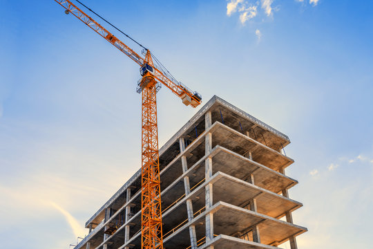 Construction site with crane and building. Construction of the new building