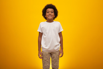 African American boy with black power hair on yellow background. Smiling black kid with a black power hair. Black boy with a black power hair. African descent.