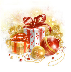 Christmas still life with gifts, Christmas tree balls and Golden fir branches in red and gold colors. Digital illustration.