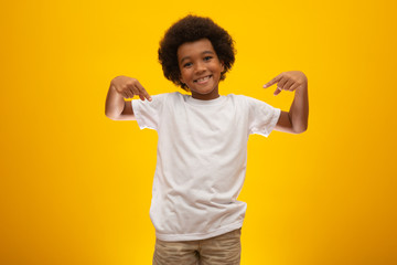 African American boy with black power hair on yellow background. Smiling black kid with a black power hair. Black boy with a black power hair. African descent. © Nexa
