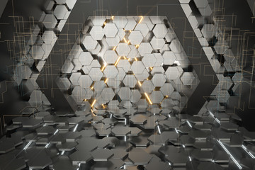 Hexagonal tunnel space with hexagon cubes, 3d rendering.