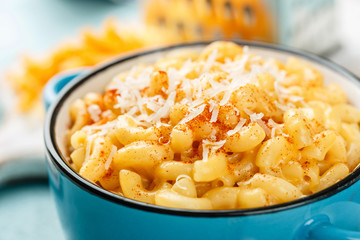 Mac and cheese. traditional american dish macaroni pasta and a cheese sauce