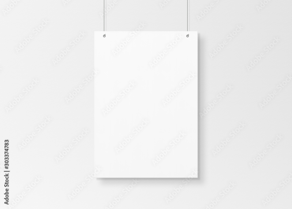 Aufkleber White poster isolated hanging by strings on wall mockup 3D rendering