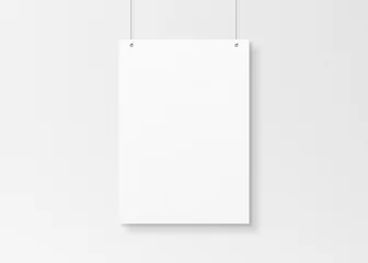 Foto auf Leinwand White poster isolated hanging by strings on wall mockup 3D rendering © sdecoret