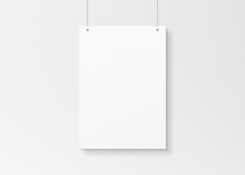 White poster isolated hanging by strings on wall mockup 3D rendering