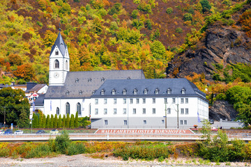 German travel landscape from village along the Rhine River with beautiful old architecture