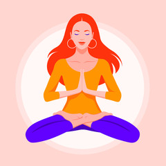 A young woman sits in a lotus position and meditates. Girl practices yoga and levitates. Vector flat illustration