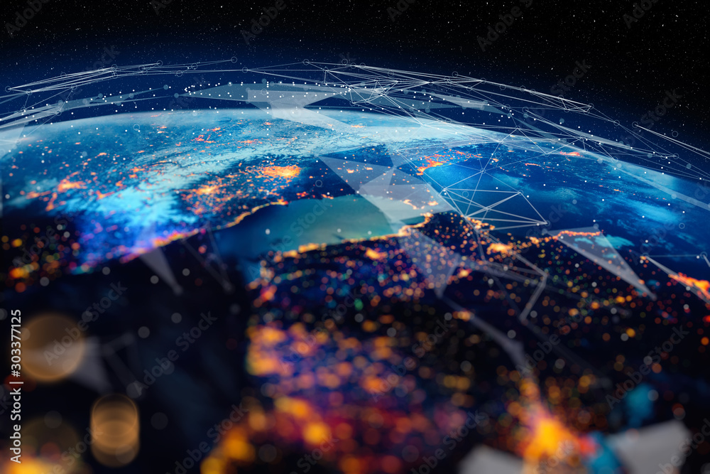 Poster Communication technology for internet business. Global world network and telecommunication on earth cryptocurrency and blockchain and IoT. Elements of this image furnished by NASA
