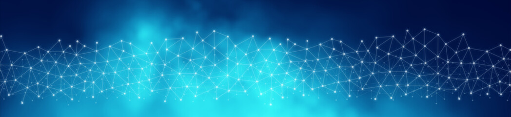 Futuristic blue digital communication network and technology banner background. Abstract panorama...