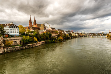 Fototapeta na wymiar Old city center of Basel with Munster cathedral and the Rhine river in Switzerland