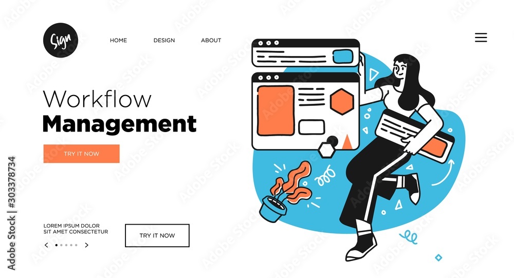 Poster workflow management business concept. web page template. outline vector style