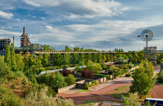 Abandoned Industrial factory in Duisburg, Germany. Public park Landschaftspark, landmark and tourist attraction.