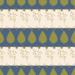 Vector Green Leaf Leaves, Red Berry Plant, Flowers on Blue Beige Stripes Background Seamless Repeat Pattern. Background for textiles, cards, manufacturing, wallpapers, print, gift wrap and