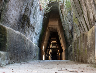 Bacoli, Naples. 20 September 2019. The entrance to the famous cave of the Cumaean Sibyl, the priestess of the oracle of Apollo.