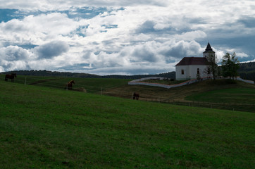 Obraz premium Mountain white church with graveyard in sloping terrain, horses grazing on pasture in foreground. Location Ore Mountains in the Czech Republic.