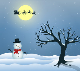 Illustration of snowman and leafless trees in winter. Santa Claus is flying with the deer. Yellow moon view